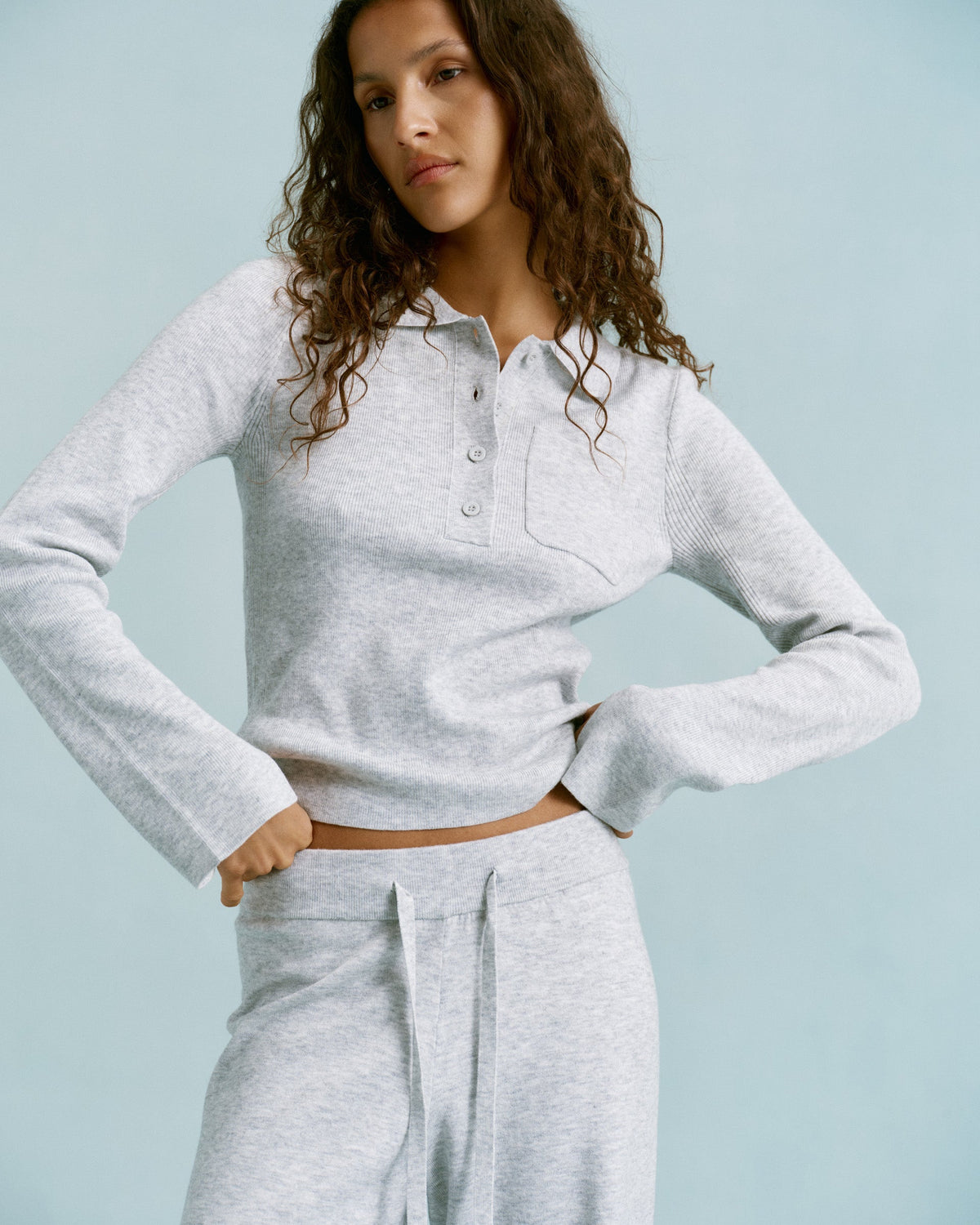 Knit Long Sleeve Button Up Top - Light Grey Melange