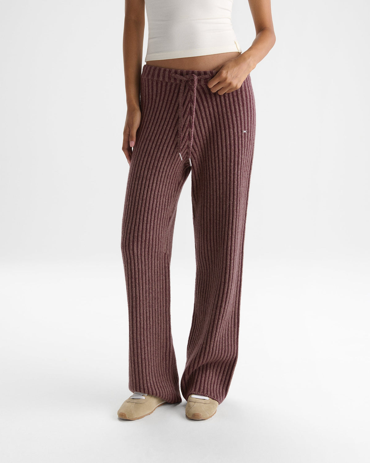 Two Tone Rib Knit Pants - Damson