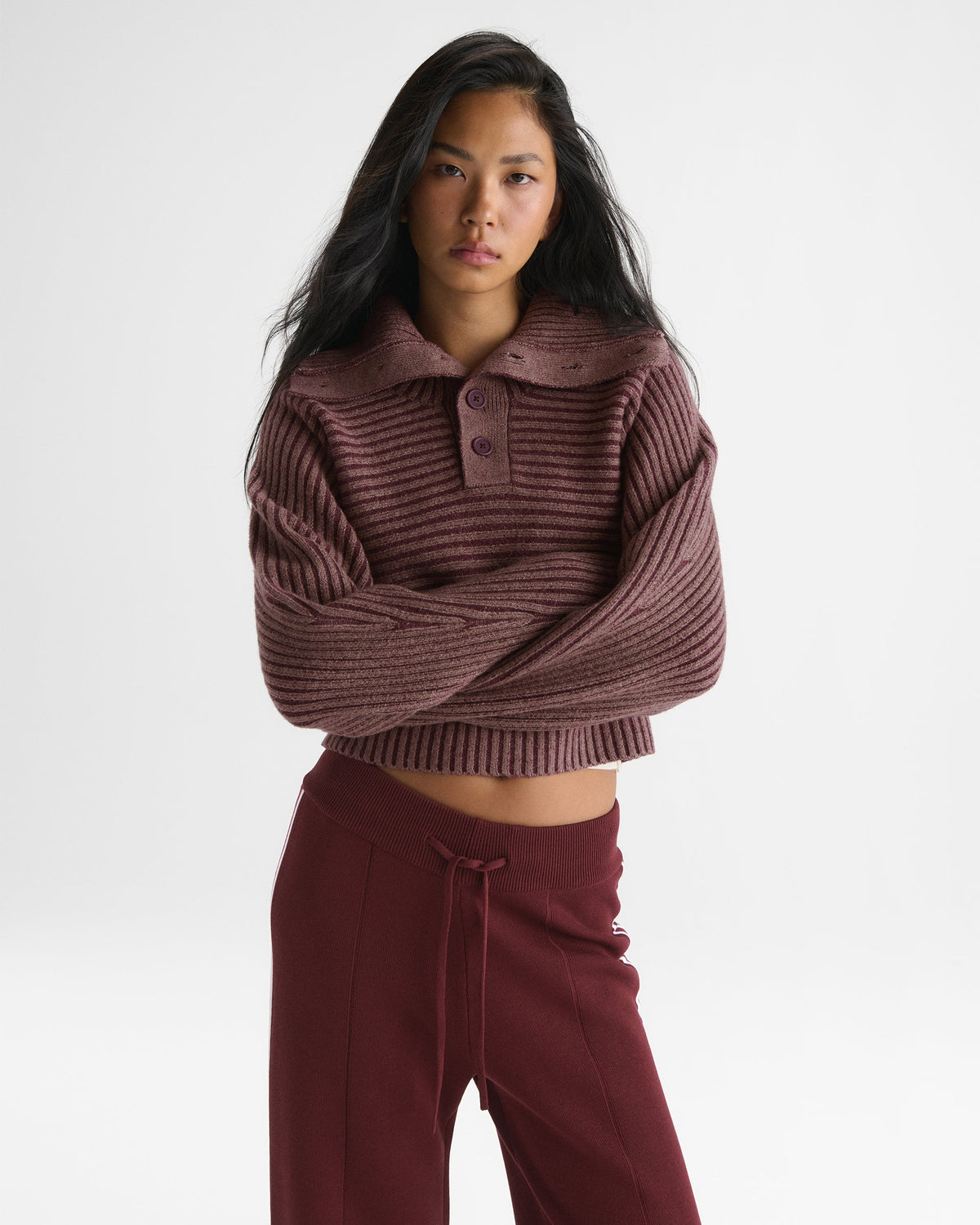 Two Tone Rib Knit Funnel Sweatshirt - Damson