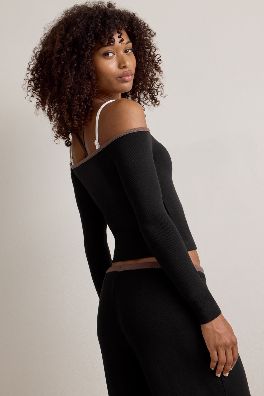 365 Rib Contrast Off  Shoulder Top - Black