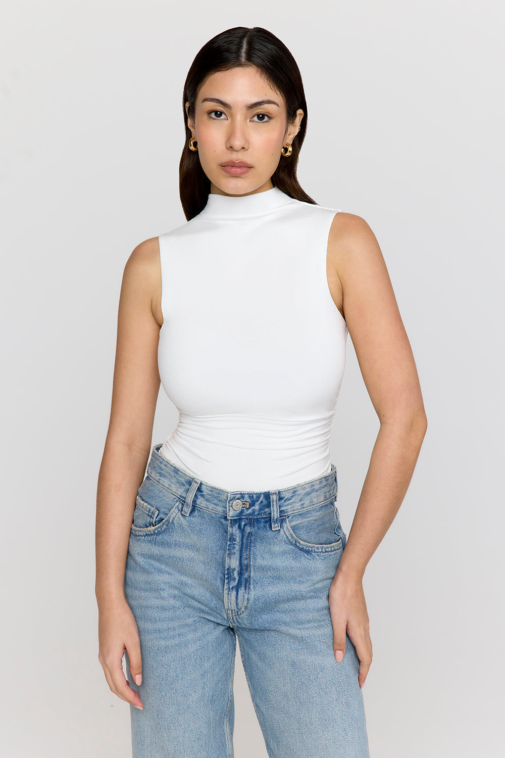 365 Ruched Side Mock Neck Top - Coconut Milk