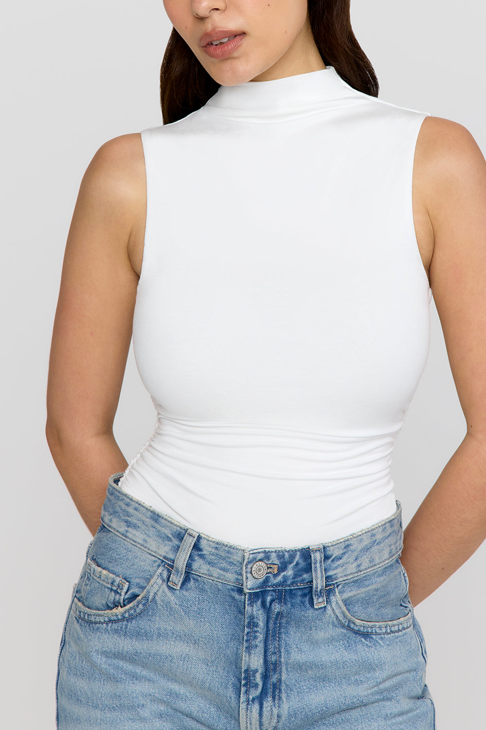 365 Ruched Side Mock Neck Top - Coconut Milk