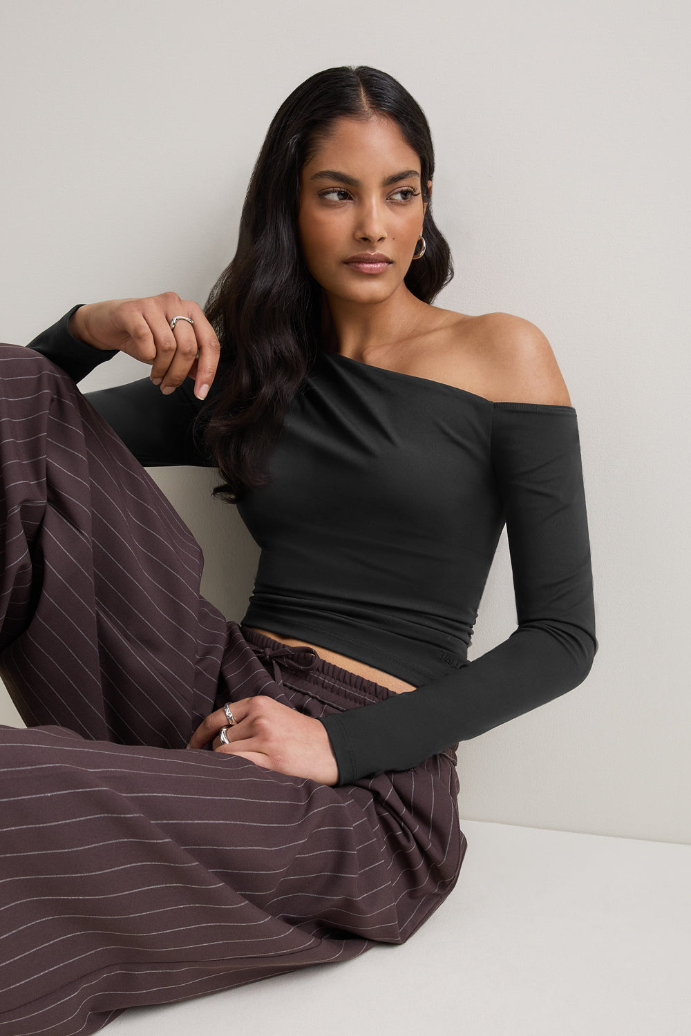365 Asymmetric Ruched Long Sleeve Top - Black