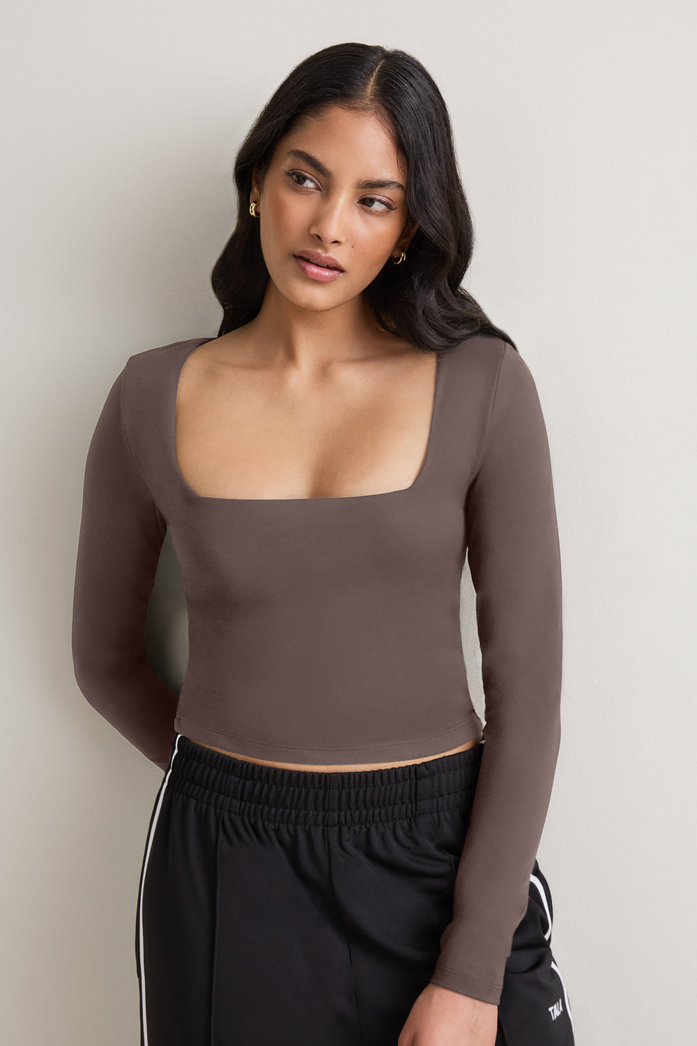365 Square Neck Long Sleeve Top - Mocha Brown
