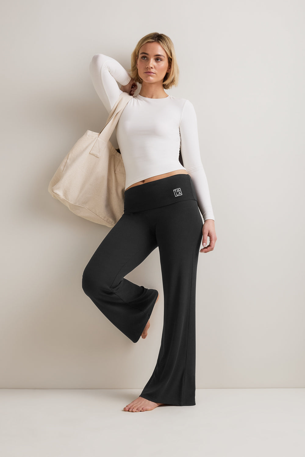 365  Rib Fold Waist Logo Flared Trousers - Shadow Black