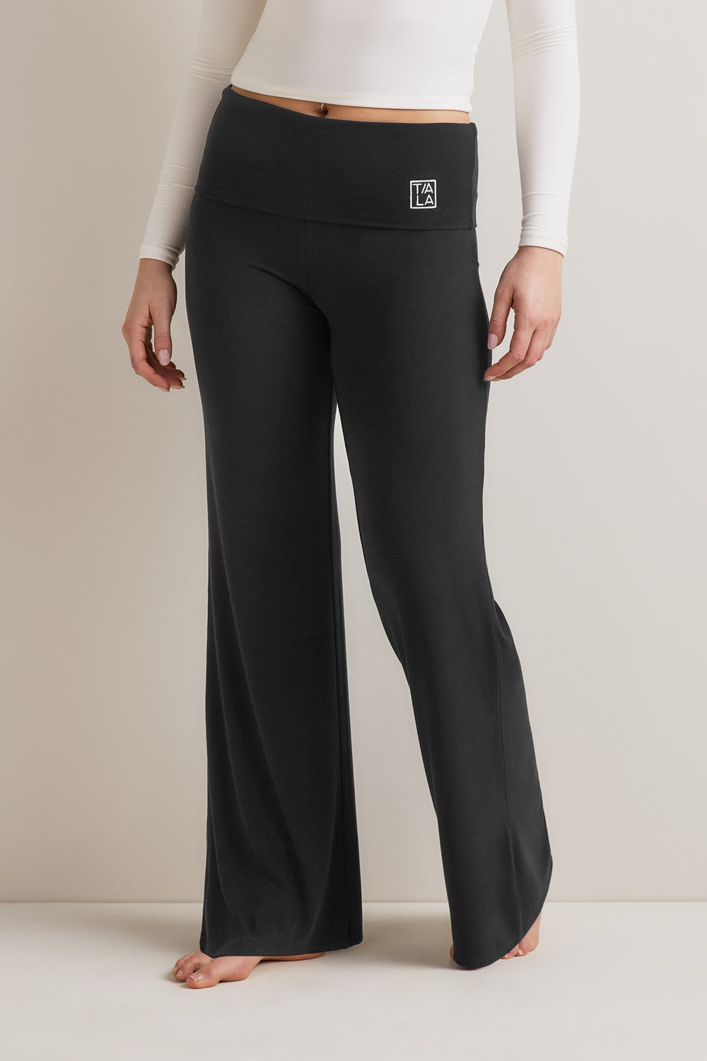 365  Rib Fold Waist Logo Flared Trousers - Shadow Black