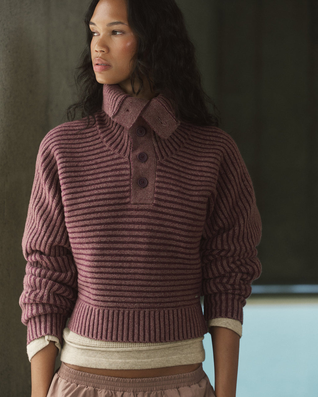 Two Tone Rib Knit Funnel Sweatshirt - Damson