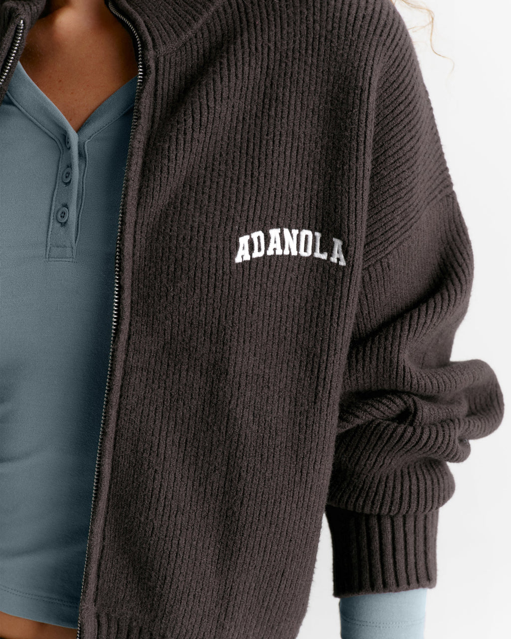 Ribbed Zip Through Knit Sweatshirt - Coffee Bean