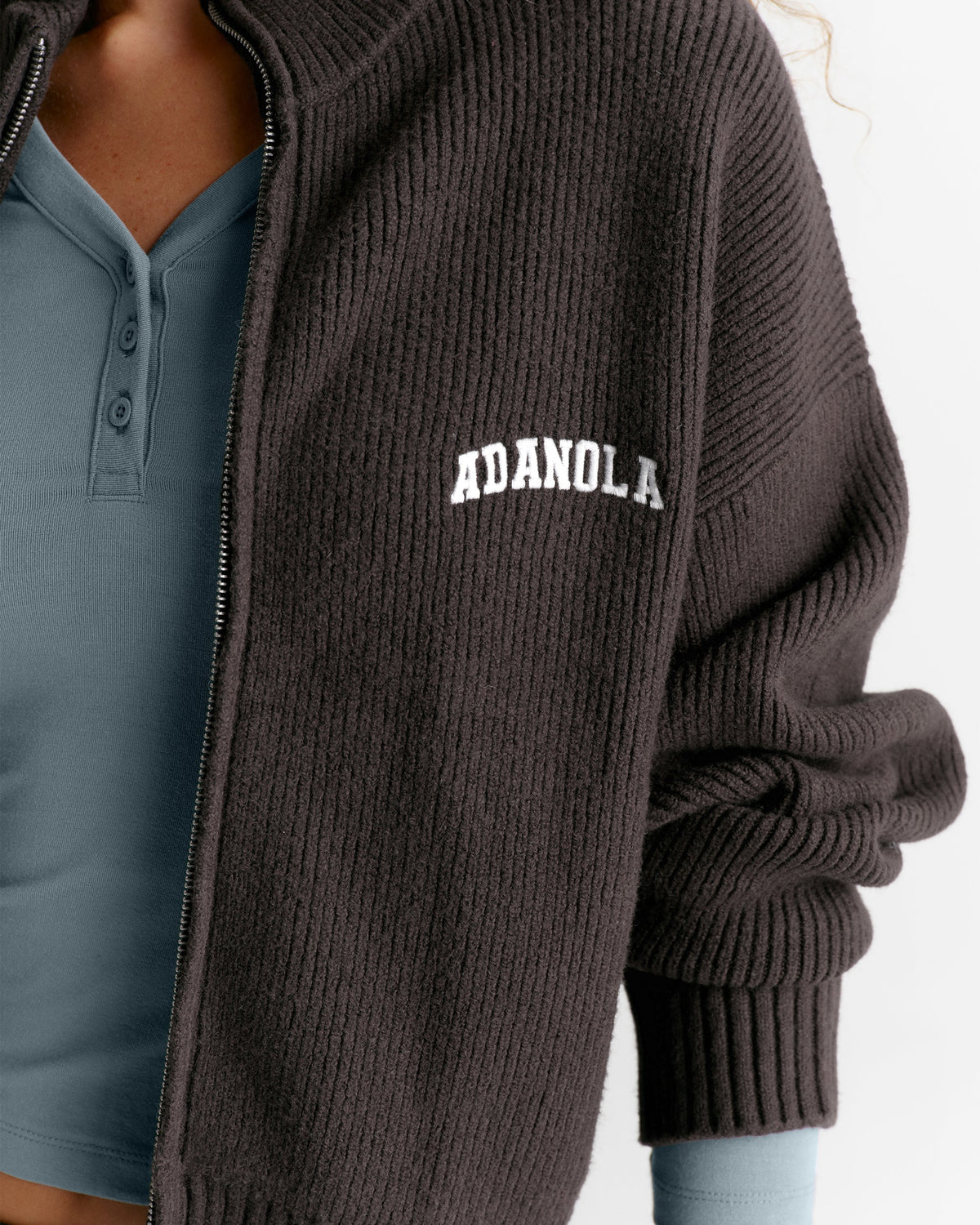 Ribbed Zip Through Knit Sweatshirt - Coffee Bean
