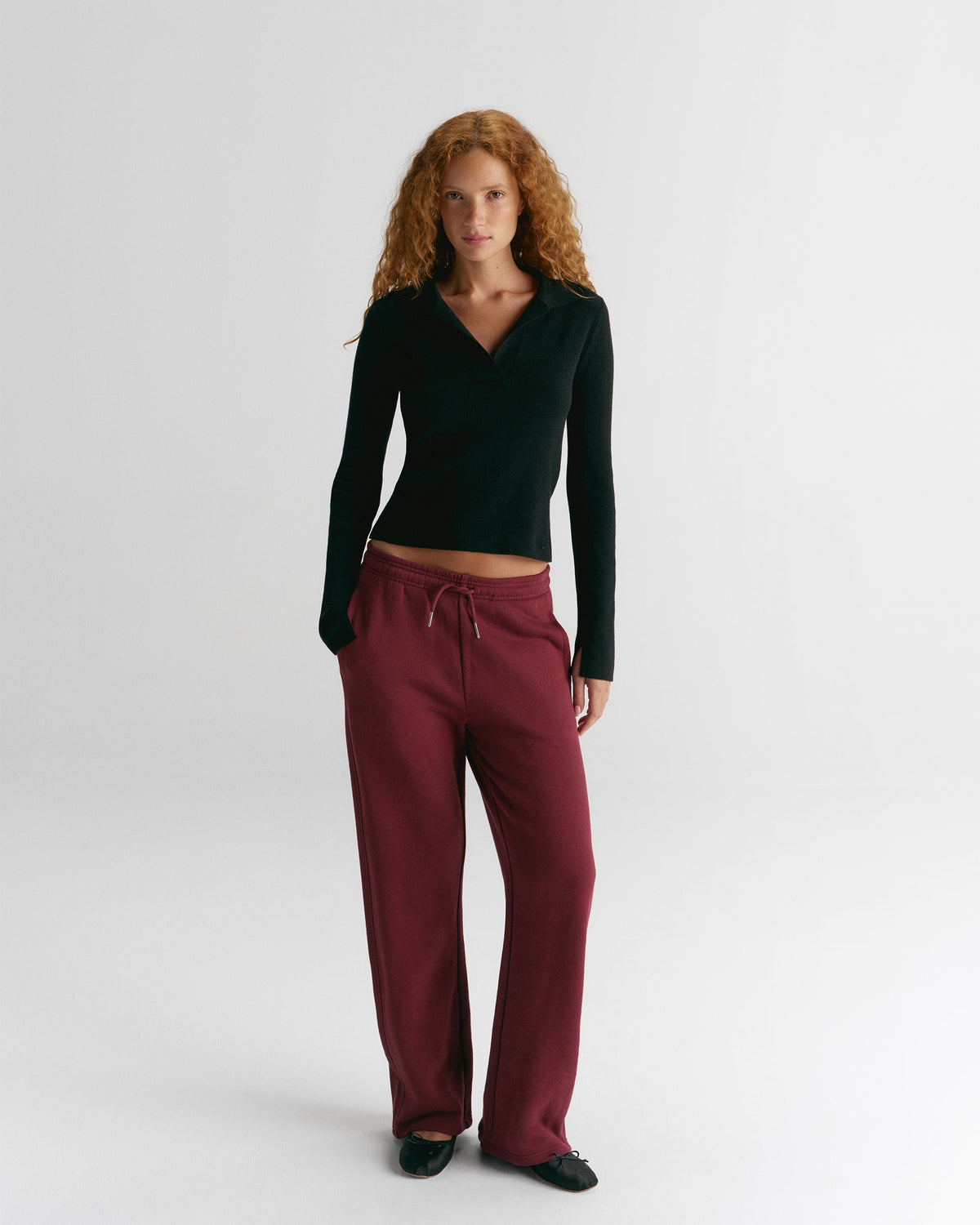 Knit Collar Long Sleeve Top - Black
