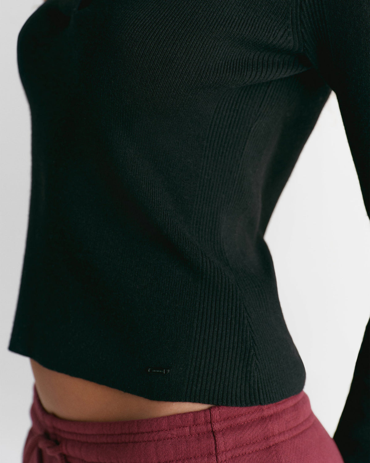 Knit Collar Long Sleeve Top - Black