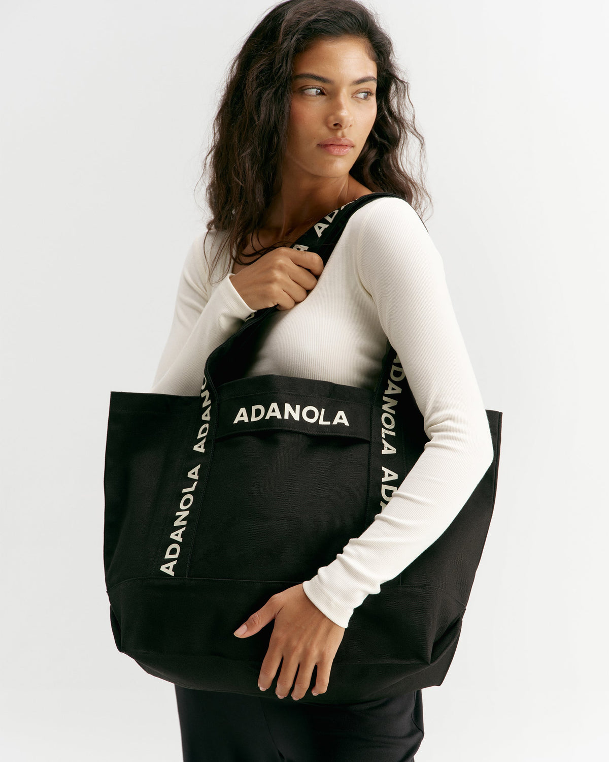 Branded Strap Tote Bag - Black/Cream