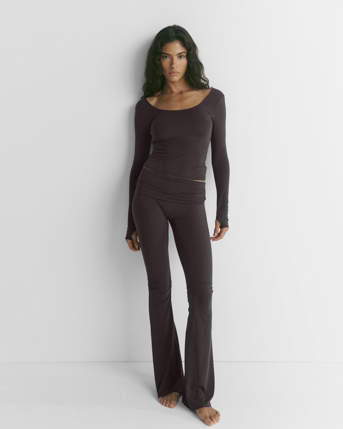 Fold Over Gathered Yoga Pants - Coffee Bean