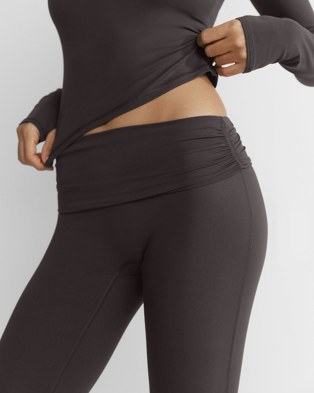 Fold Over Gathered Yoga Pants - Coffee Bean