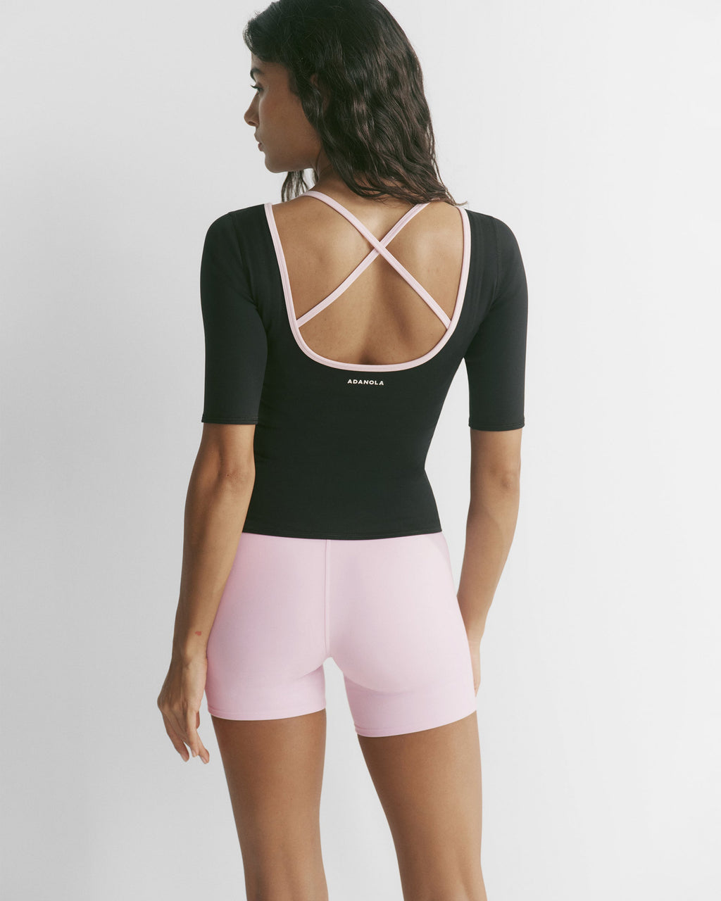 Crop Sleeve V-Neck Top - Black