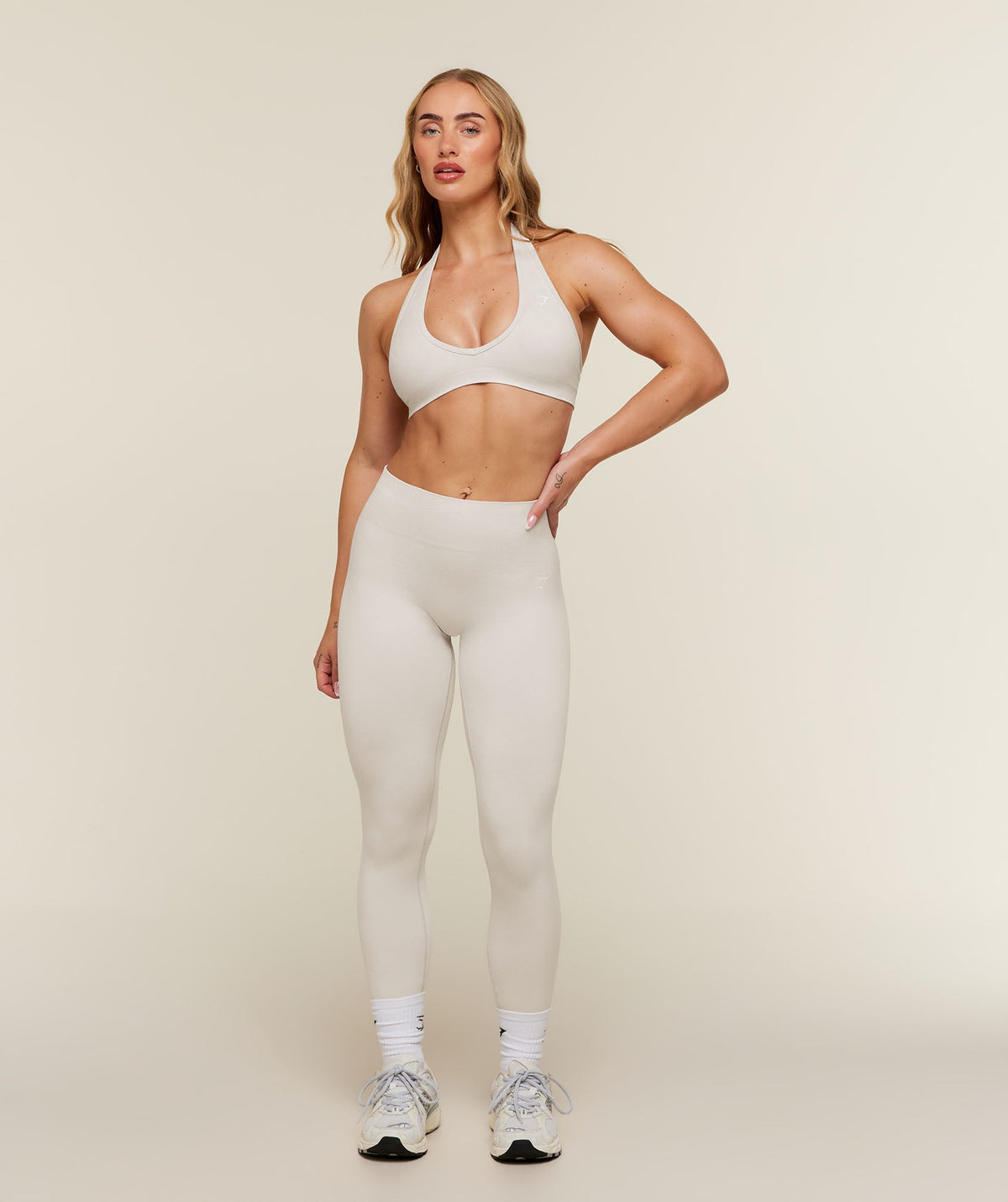 Gymshark Adapt Animal x Whitney Halter Neck Sports Bra - Mist Grey/Soft White