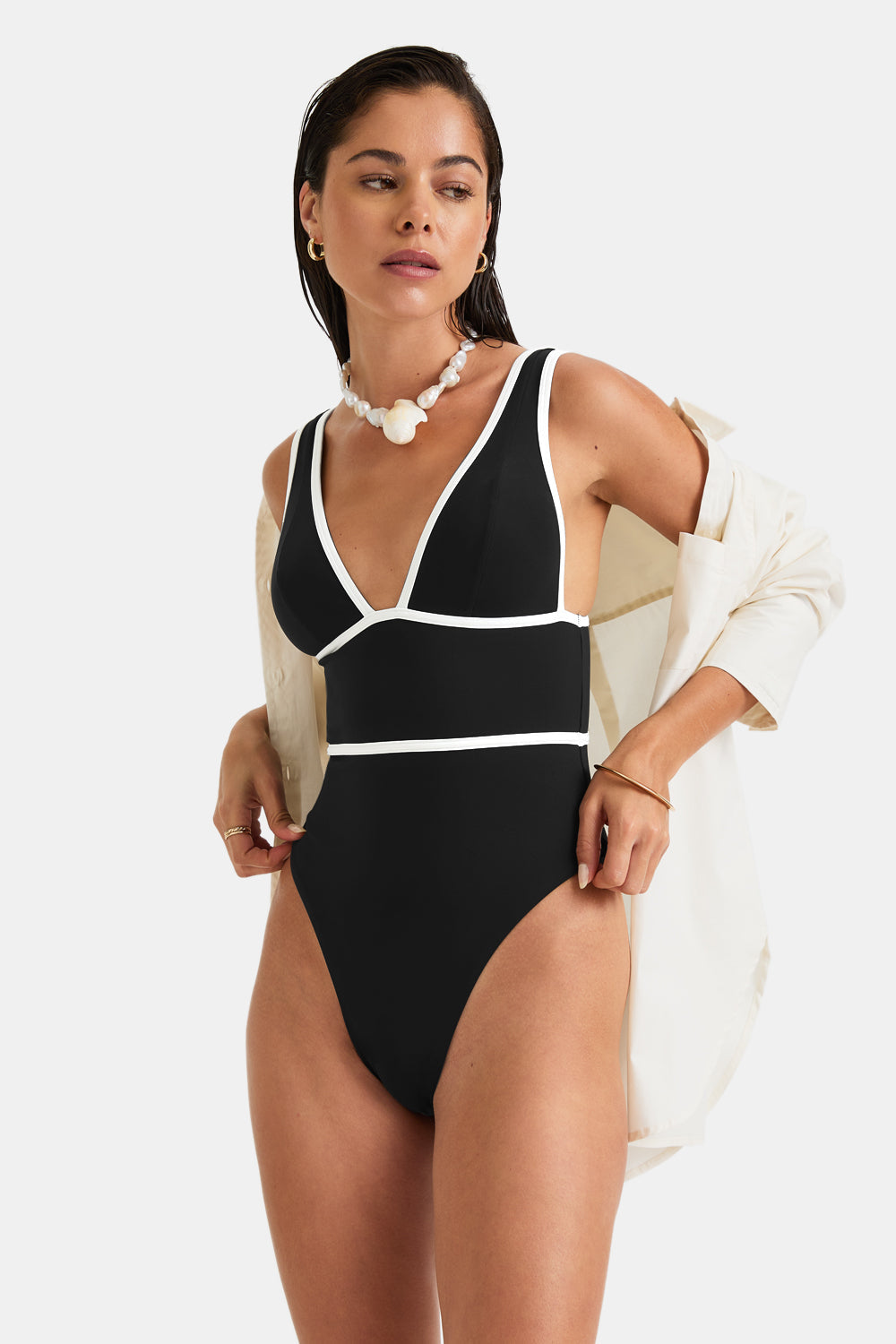 Contrast Plunge Swimsuit - Shadow Black
