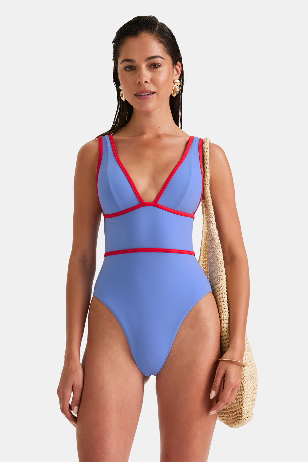 Contrast Plunge Swimsuit - Blue