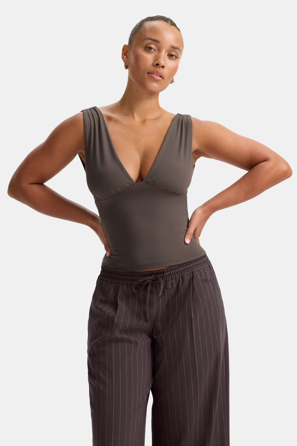 365 Plunge Neckline Top - Mocha Brown