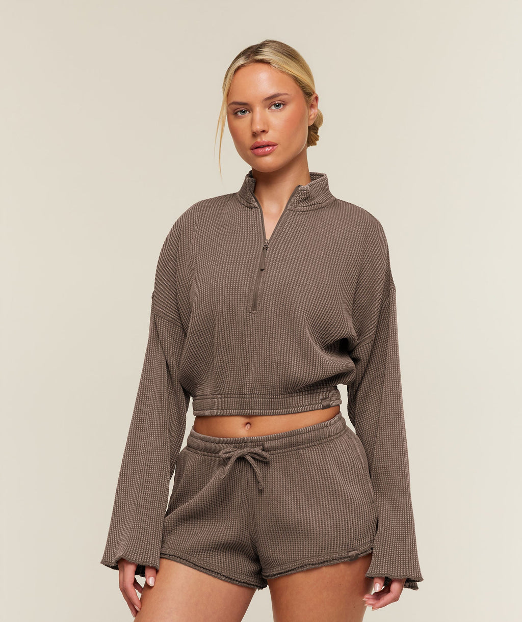 Gymshark Washed Waffle 1/4 Zip - Soft Brown/Wash